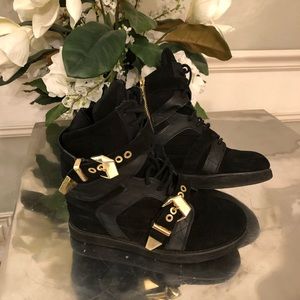 RARE-Jeffrey Campbell Black Suede & Leather Wedge Sneakers w/Gold Buckle size 8